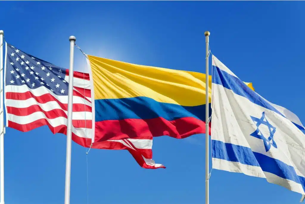Representación gráfica de comercio internacional con banderas de Colombia, Israel y Estados Unidos